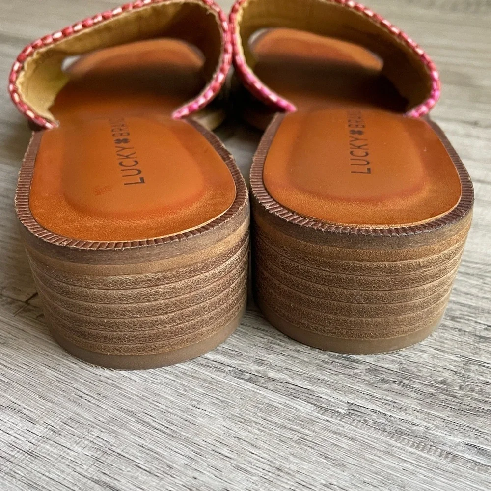 Lucky Brand Rainbow Color Woven Slide Sandals Stacked Heel Open Toe SZ 5.5